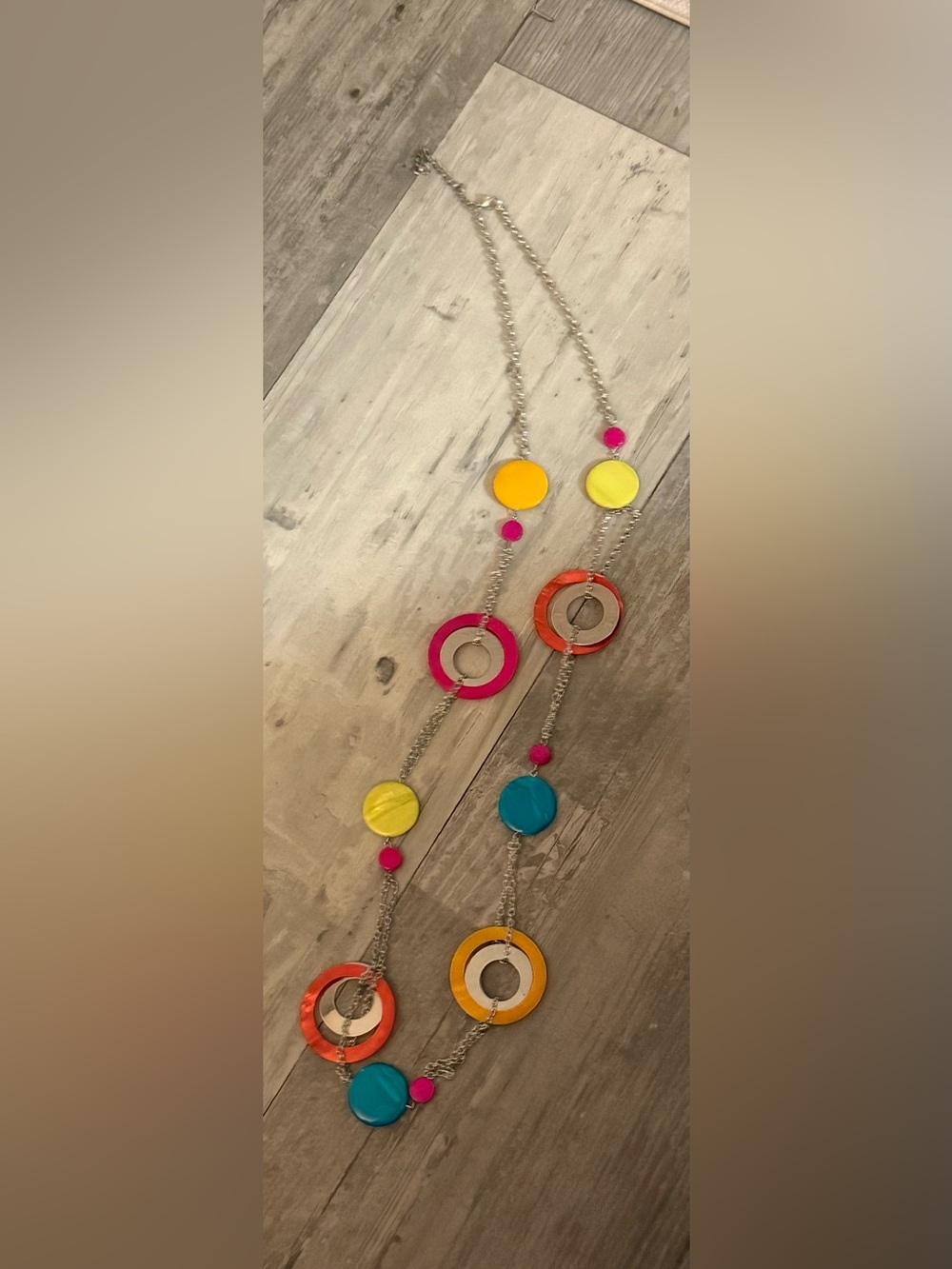 Colorful Multi-Ring Long Necklace in Pink, Yellow, Orange & Blue
